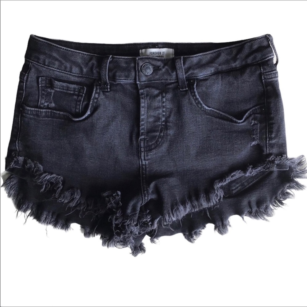 Forever 21 Frayed Distressed Black Jean Shorts Size 27 Button Fly Very Stretchy
